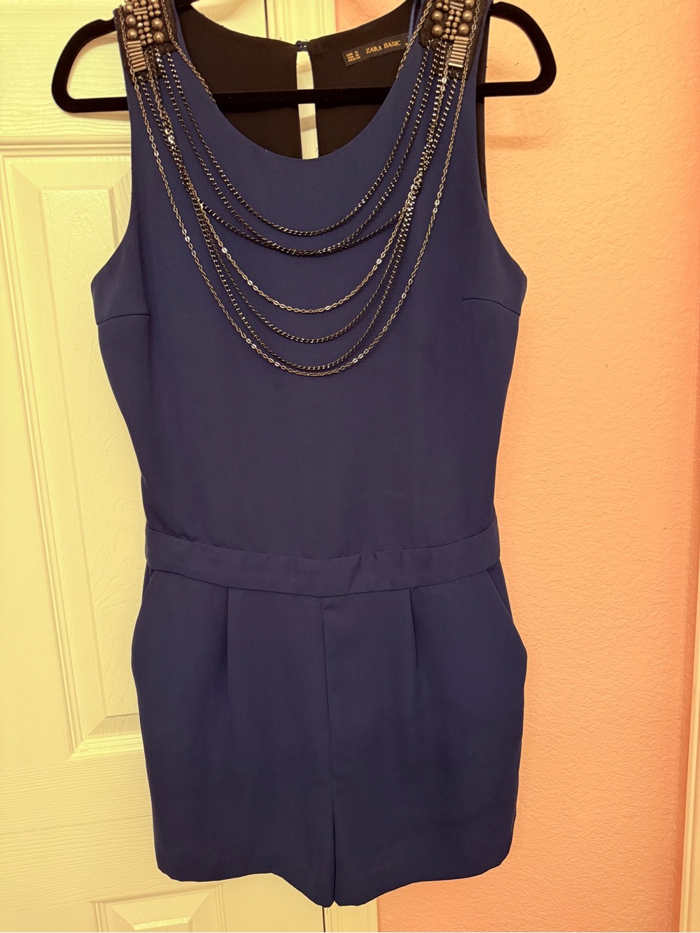 Zara Basic Womens Medium Royal Blue Chain Neckline Beaded Romper Jumpsuit